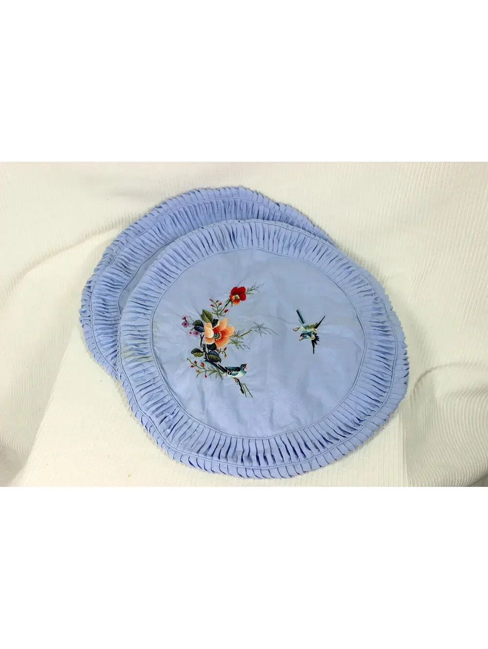 Vtg 50s Round Pillow Covers Set Pleated Cotton Silk Embroidery Hummingbird